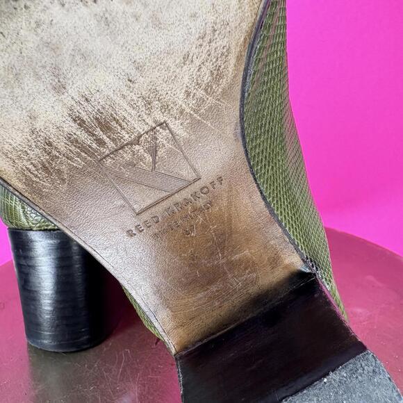 Reed Krakoff Olive Green Leather Slip-On Block Heel Bootie Sz 37 - Picture 8 of 8